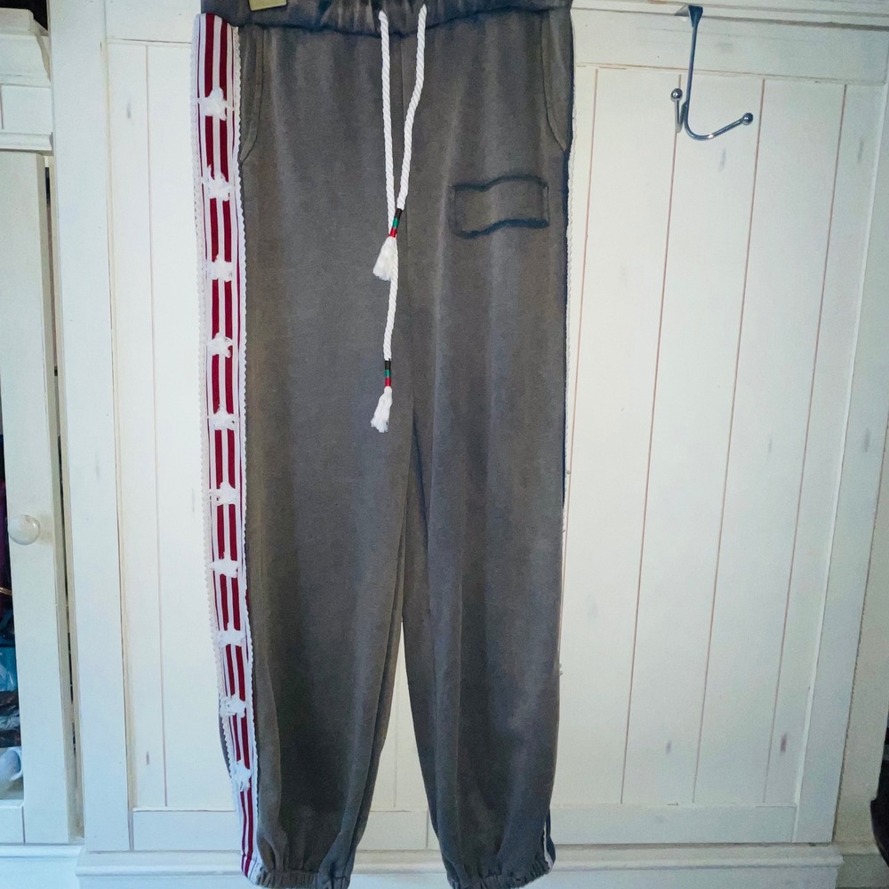 POL Medium Acid Wash Sweatpants Side Stripe Tassel Drawstring Joggers NWT